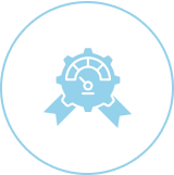 Speedometer gear icon with ribbon in circle.