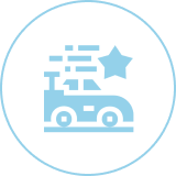 Car icon with star and motion lines.